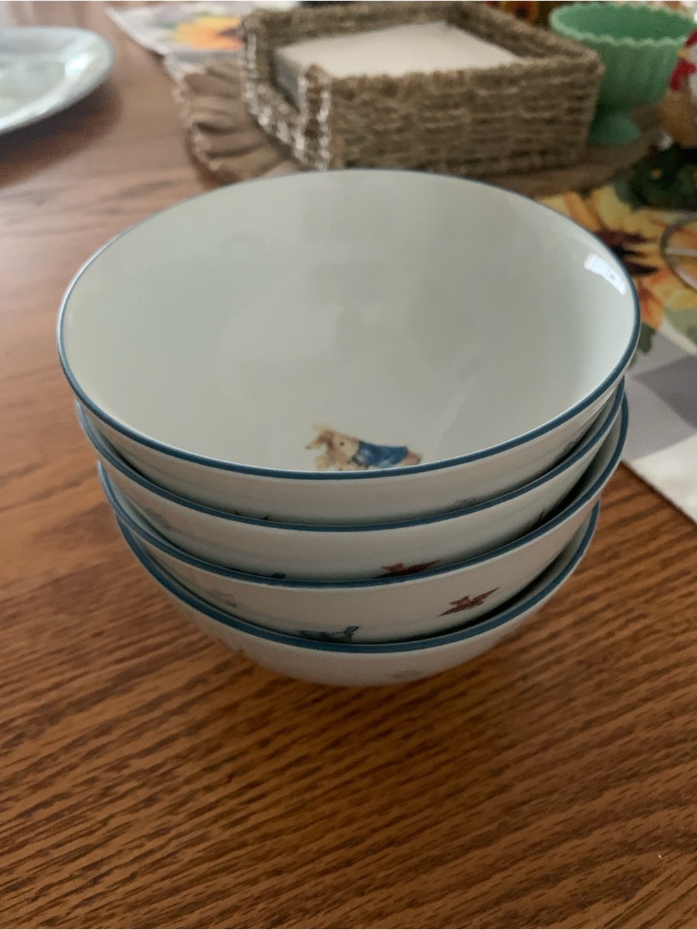 Peter Rabbit White Ceramic Bowls with Blue Rim - Set of 4